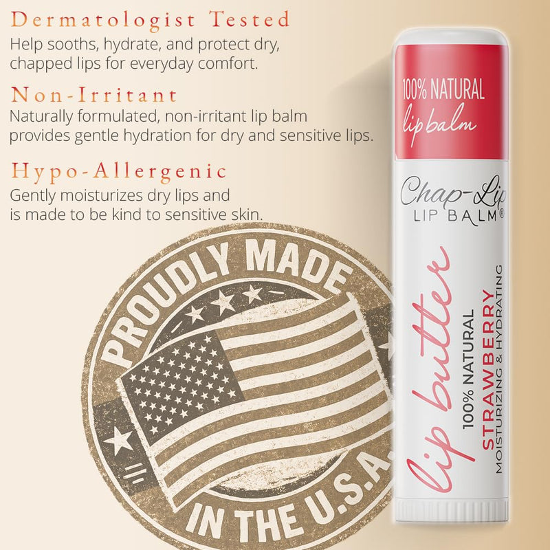 CHAP-LIP Lip Balm 48 Ct. with Fruit Flavors, Cocoa Butter, Coconut Oil Dermatologist Tested Moisturizing Vitamin E & Total Hydration Treatment & Soothing Lip Therapy 100% natural Made In USA 48 Count (Pack of 1)