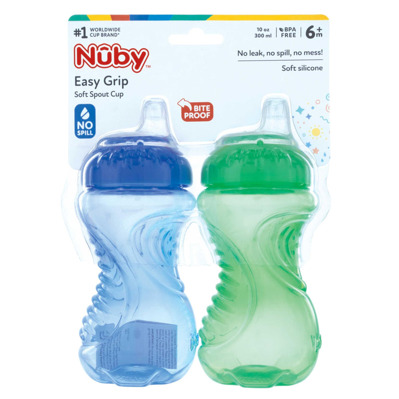 Nuby 2-Pack No Spill Easy Grip Trainer Cup 10 oz, Blue and Green 2 Count (Pack of 1) Blue/Green