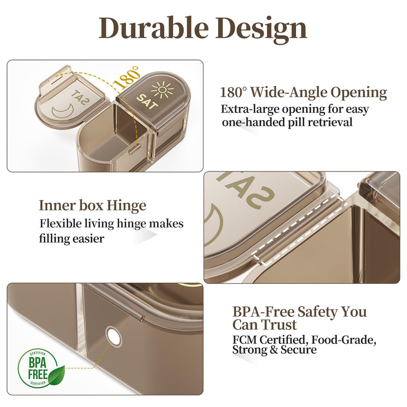 Betife AM PM Pill Organizer 7 Day, Weekly Pill Organizer Box 2 Times a Day | Portable Travel Pill Organizer, Cute, Easy Open, Airtight, Fashion, Dust-Proof, Reusable, Sturdy for Medication, Vitamin Brown