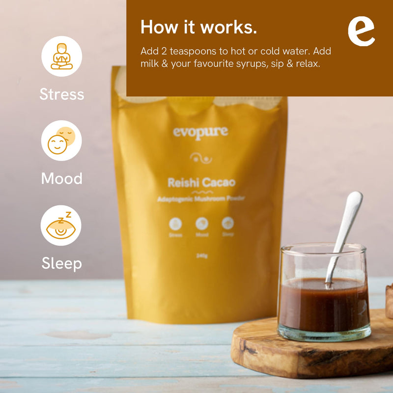 Reishi Mushroom Cacao Powder 240g | Sleep Stress & Relaxation | Adaptogen with Maca | Vegan UK | 30 Servings