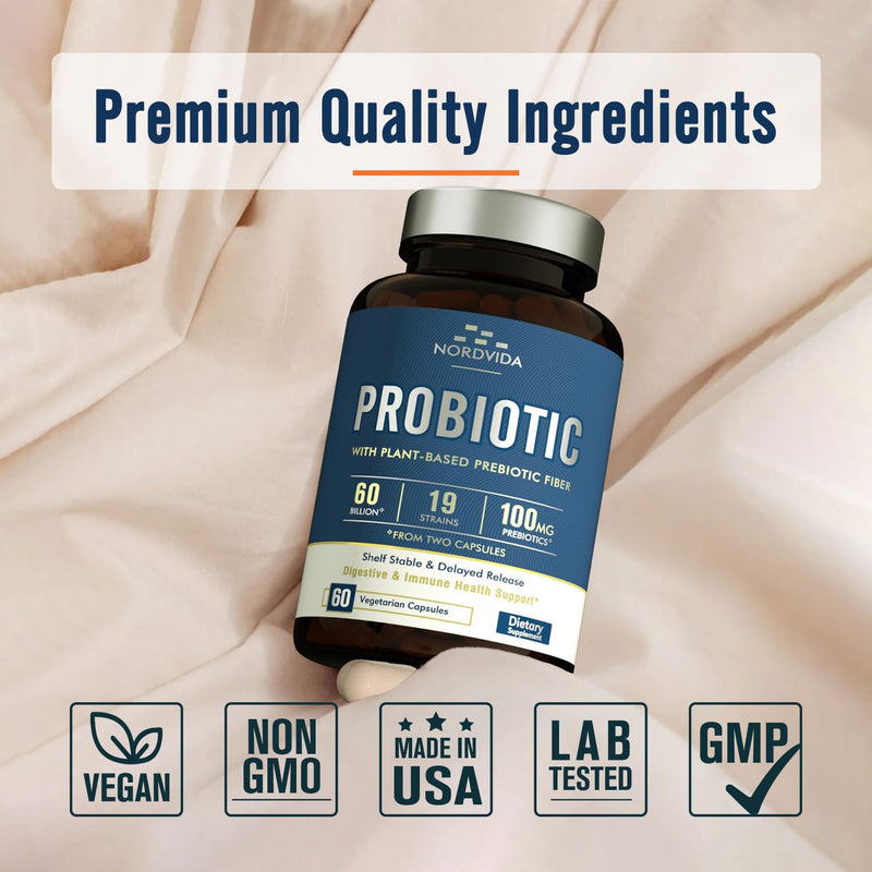 [Australia] - Probiotic 60 Billion 19 Strains with Organic Prebiotic for Men & Women, Digestive & Immune Health, Shelf Stable Delayed Release, Non-GMO No Dairy, 60 Vegan Caps 60 Billion CFUs for Men and Women 