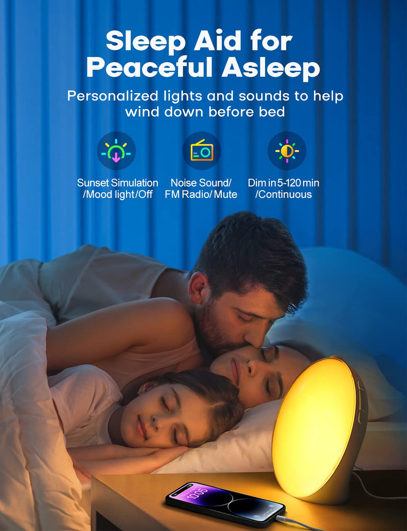 [Australia] - Dekala Light Alarm Clock, Radio Alarm Clock, Sunrise Sunset Simulation, Full Screen Digital Alarm Clock with Double Alarms, Rotation Button, Natural Sounds, FM Radio for Adults & Children Full Screen - Classic (No App Control) 