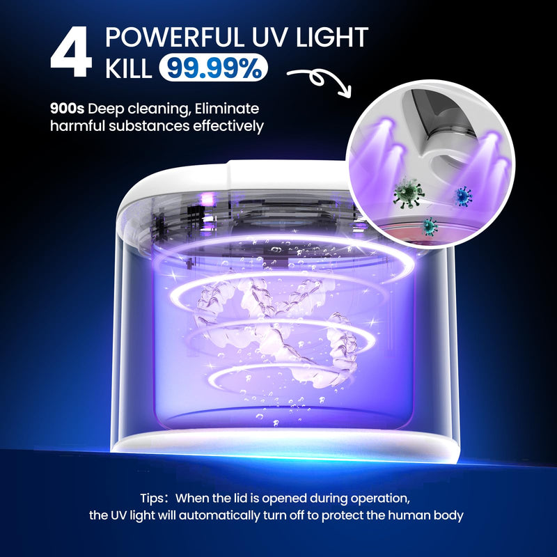 [Australia] - 45kHz Ultrasonic Retainer Denture Cleaner Machine, Fast Cleaning for Aligners, Mouth Guards, Braces, Toothbrush Heads & Jewelry, 200ML Dental Cleaning Pod, 4 Modes & Digital Timer (White) White 