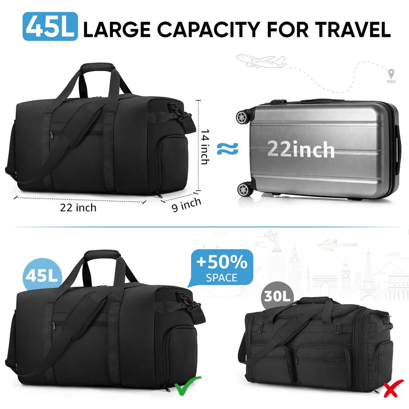 Carry On Luggage 22x14x9 Airline Approved, 45L Gym Duffle Bag for Travel | Lightweight Travel Duffel Bags with Shoe Compartment, Carry on Weekender Overnight Duffle Bag for Men Women, Black