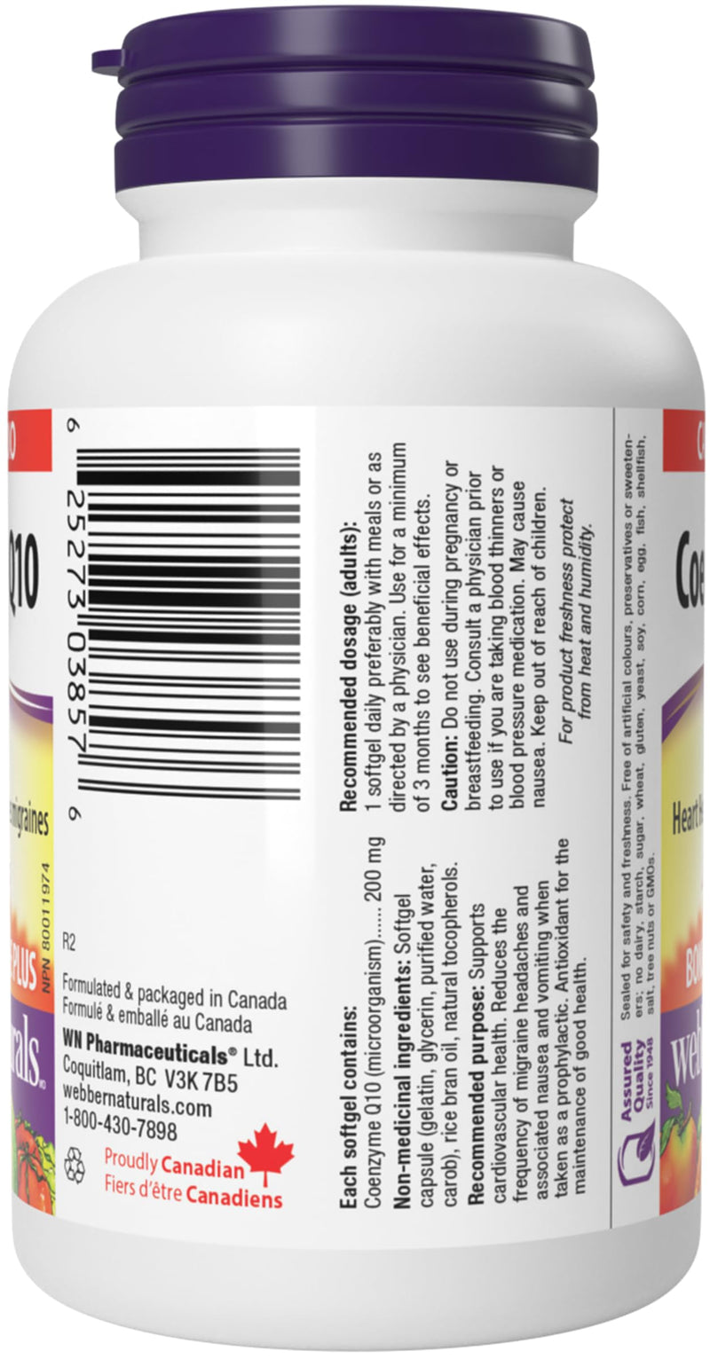 Webber Naturals CoQ10 200mg, Coenzyme Q10 Supplement, 60 Softgels | High Potency Co Q10 Antioxidant Supplement for Heart Health & Cellular Energy Production, 60 Day Supply, Gluten Free
