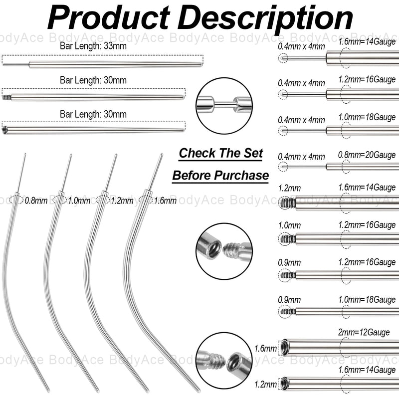[Australia] - BodyAce 14G 16G 18G 20G Piercing Taper, Stainless Steel Threadless Insertion Pin Screw On Assistant Tool, Curved Body Piercing Stretching Kit for Ear/Nose/Navel/Lip/Eyebrow 16G(1.2mm) Mix 