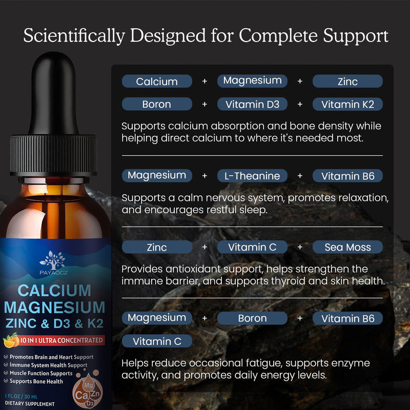 (2 Pack) 10 in 1 Magnesium Calcium Zinc Supplement with Vitamin C D3 K2, Glycinate Mag Vegan Liquid Drops Plus L-Theanine Boron Sea Moss Extract, Bone & Immune Support, Orange Flavor, 1 Fl Oz 1 Fl Oz (Pack of 2)