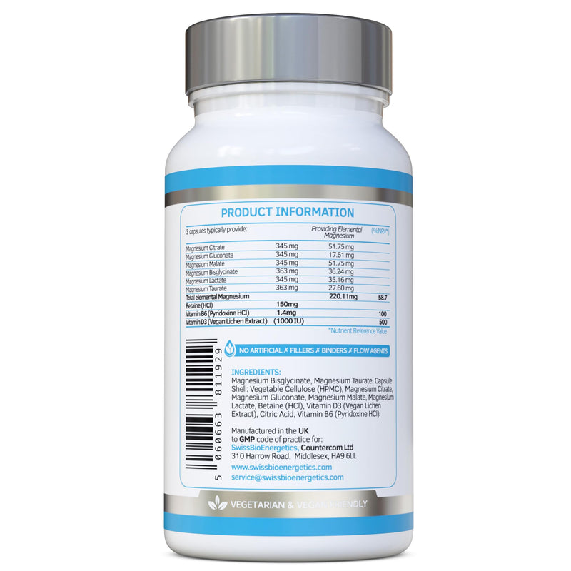 Magnesium Complex 6-in-1 | Max Absorption Formula 2100mg of Magnesium Bisglycinate, Magnesium Taurate, Magnesium Citrate, Magnesium Gluconate, Magnesium Malate, Magnesium Lactate, Vegan UK Made