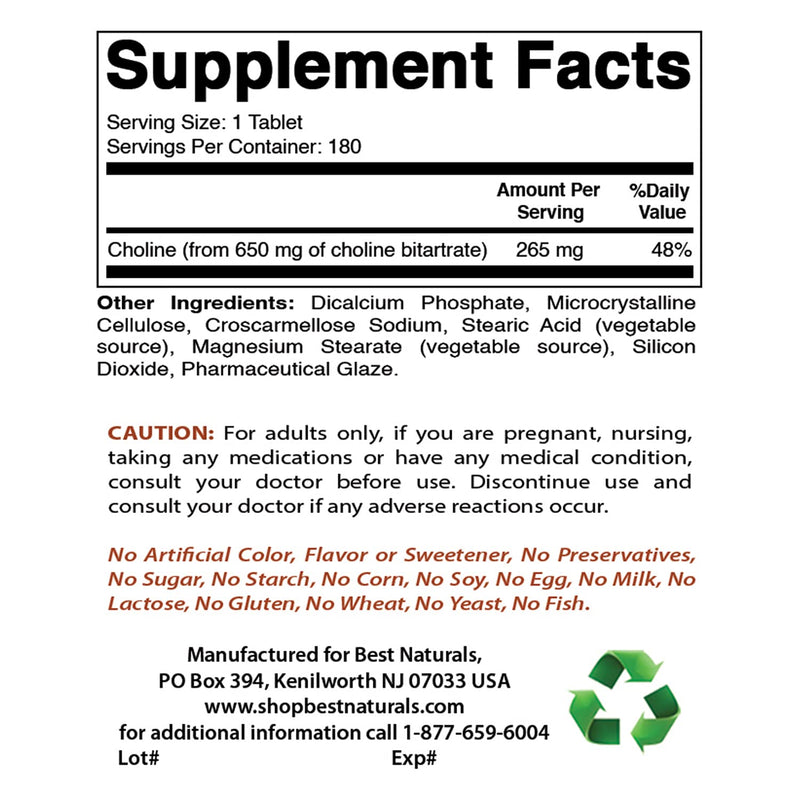 Best Naturals Choline Bitartrate 650 mg & L-Theanine 200mg