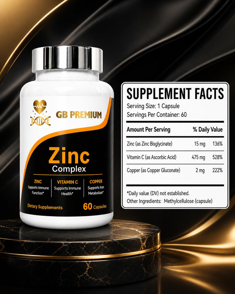 Zinc Complex Supplement with Vitamin C and Copper, High Strength Zinc Capsules, 60 Capsules