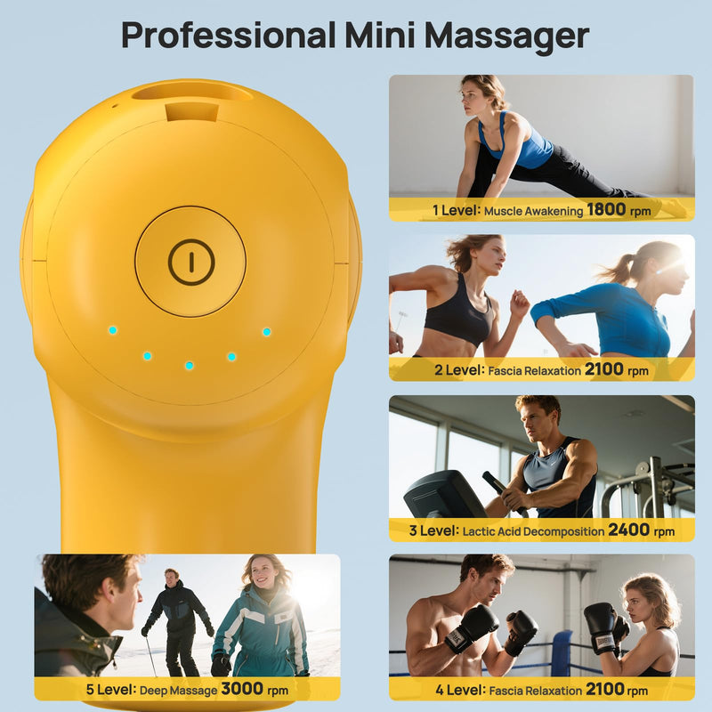 [Australia] - Mini Massage Gun Deep Tissue, Handheld Portable Mini Travel Size Percussion Deep Tissue Massager with 4 Attachments & 5 Speeds, Ideal Gift for Men & Women, Yellow 