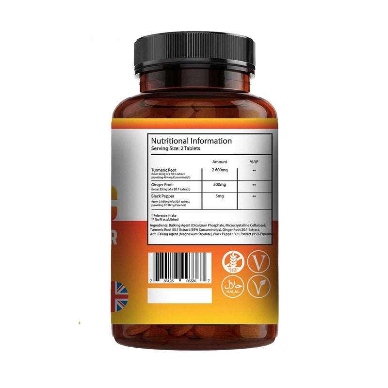 Turmeric Tablets High Strength 2000 mg with Curcumin & Ginger,Black Pepper Supplements, 180 Tablets (3 Months) High Strength Active Turmeric Supplements tablet Not Turmeric Capsules- by Halo Nutrition