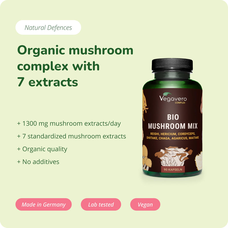 Vegavero Certified Organic Mushroom Complex 1300 mg | NO Additives, Lab-Tested | Standardised Bioactive Polysaccharides, Beta Glucans and Hericenones | 90 Capsules | Vegan