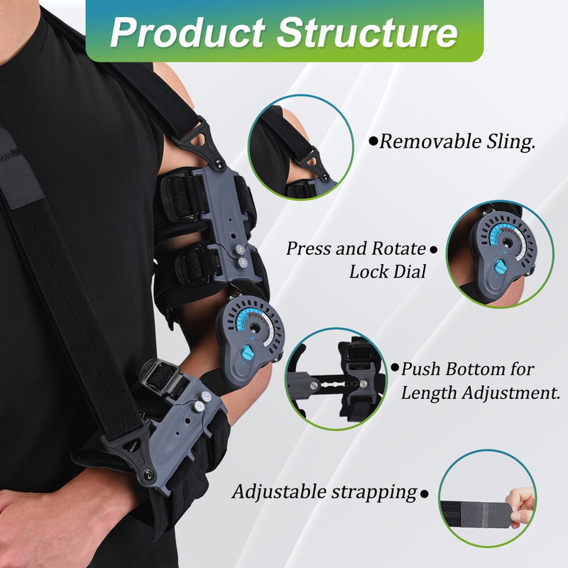 [Australia] - Komzer Hinged Elbow Brace, Adjustable Post OP ROM Elbow Brace with Sling Stabilizer Splint Arm Injury Recovery Support After Surgery (Right) Right 