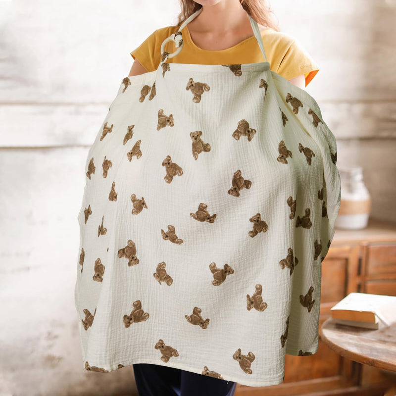 [Australia] - Muslin Nursing Cover for Baby Breastfeeding, Breathable 100% Cotton Breastfeeding Cover with Rigid Hoop for Mother Nursing Apron, Multi-use Carseat Canopy (Bear) Bear 