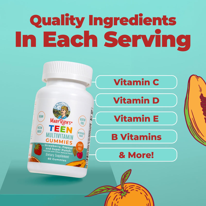MaryRuth's Teen Multivitamin Gummies, Vegan, Sugar Free, Non-GMO, 60 Count | Supports immune, vision, skin, and tissue health with essential vitamins and minerals