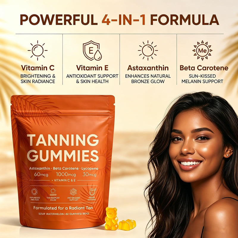Tanning Gummies Fast Tan Without Sun, Antioxidant with Beta Carotene, Astaxanthin, Lycopene & Vitamins C&E, Sunbed Tanning Accelerator,Tanning Gummies for Sunless Glow, 60 Capsules(1 Bag)