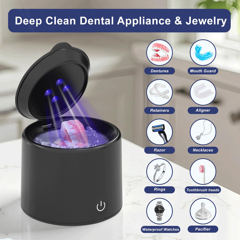 [Australia] - Ultrasonic Retainer Cleaner, 48kHz Denture Cleaner, Retainer Cleaning Machine for Denture, Retainer, Aligner, Jewelry, Mouth Guard, Brace, Toothbrush, Pacifier, Razor, 3 Modes Jewelry Cleaner 200ML Black 