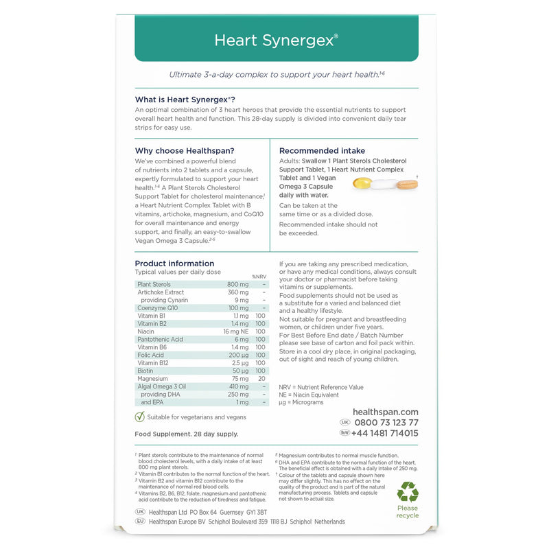 Healthspan Heart Synergex | 28 Day Supply | Heart Health Complex | Cholesterol Maintenance | Supports Energy & Muscle Function | Plant Sterols | Heart Nutrient Complex | Omega 3 | Vegan