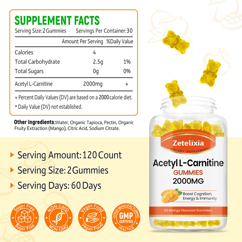 [Australia] - 2 Pack Acetyl L-Carnitine Gummies 2000mg, L-Carnitine Supplement for Promote Fatty Acids Oxidation, Nutrition Supplement for Boost Energy, Immunity & Metabolism, Mango Flavor, 120 Count 60 Count (Pack of 2) 