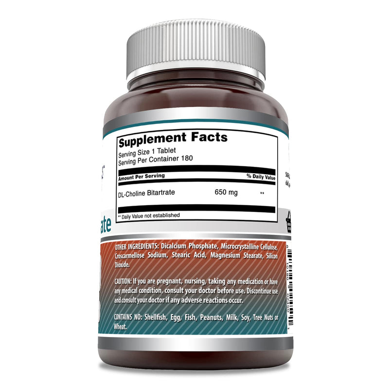 [Australia] - Amazing Formulas Choline Bitartrate - 650 MG, 180 Tablets (Non-GMO, Gluten Free) – Supports Nerve & Brain Health - Promotes Cellular Function - Cognitive Support 