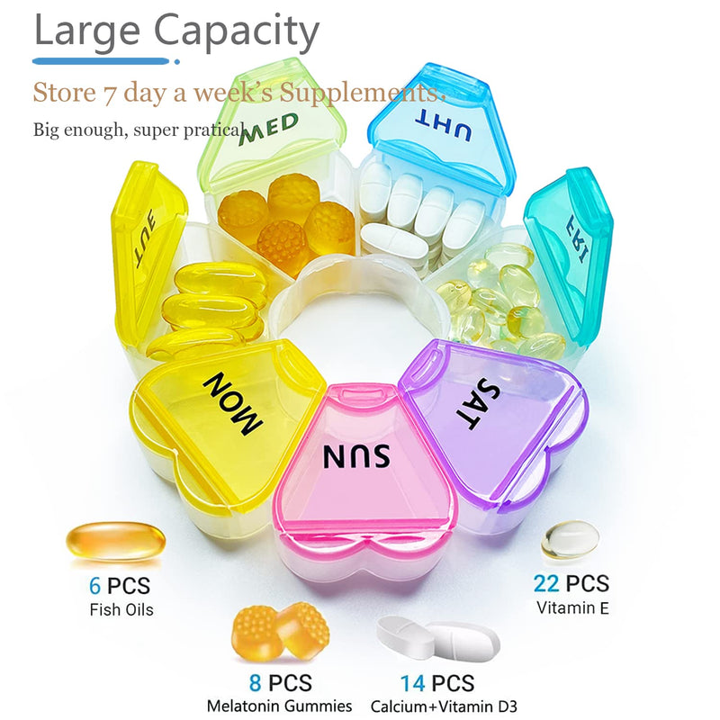 MOLN HYMY Large Weekly Pill Box 7 Day, Pill Case Organizer 1 time a Day, Floral Pill Container Once Daily, Pretty Medicine Dispenser for Vitamin/Fish Oil/Medication/Supplements Rainbow