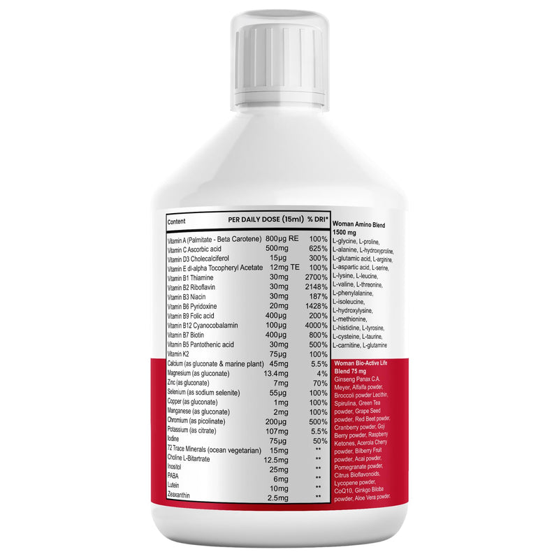 Women’s Multivitamin Liquid – 140+ Nutrients with Amino Acids, Biotin, Iron, B Vitamins, Ginseng – Skin, Hair, Energy & Hormone Support – Orange Flavour – 500ml