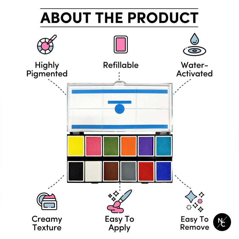 [Australia] - Narrative Cosmetics Primary Colors 12-Pan Palette - Vibrant Water-Activated Makeup for Face & Body Painting - Ideal for Cosplay, Theater & Artistic Makeup Creations 