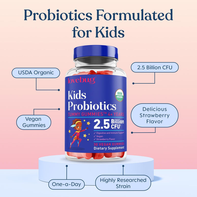 LOVEBUG Kids Probiotic Gummies – Organic Chewable Probiotics for Kids Aged 4+, Soil-Based Children’s Probiotic for Gut Health, Constipation, Digestive & Immune Support, Vegan, 30 Chews, Strawberry 30 Count (Pack of 1)