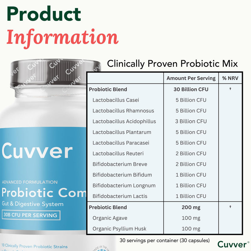Probiotics Complex - Gut Health & Bloating Relief – Organic Prebiotics - 30 Billion CFU - 10 Bacterial Cultures - Vegan Supplement for Men & Women - 30 Capsules - 1 Month Supply - Made in UK 30 count (Pack of 1)