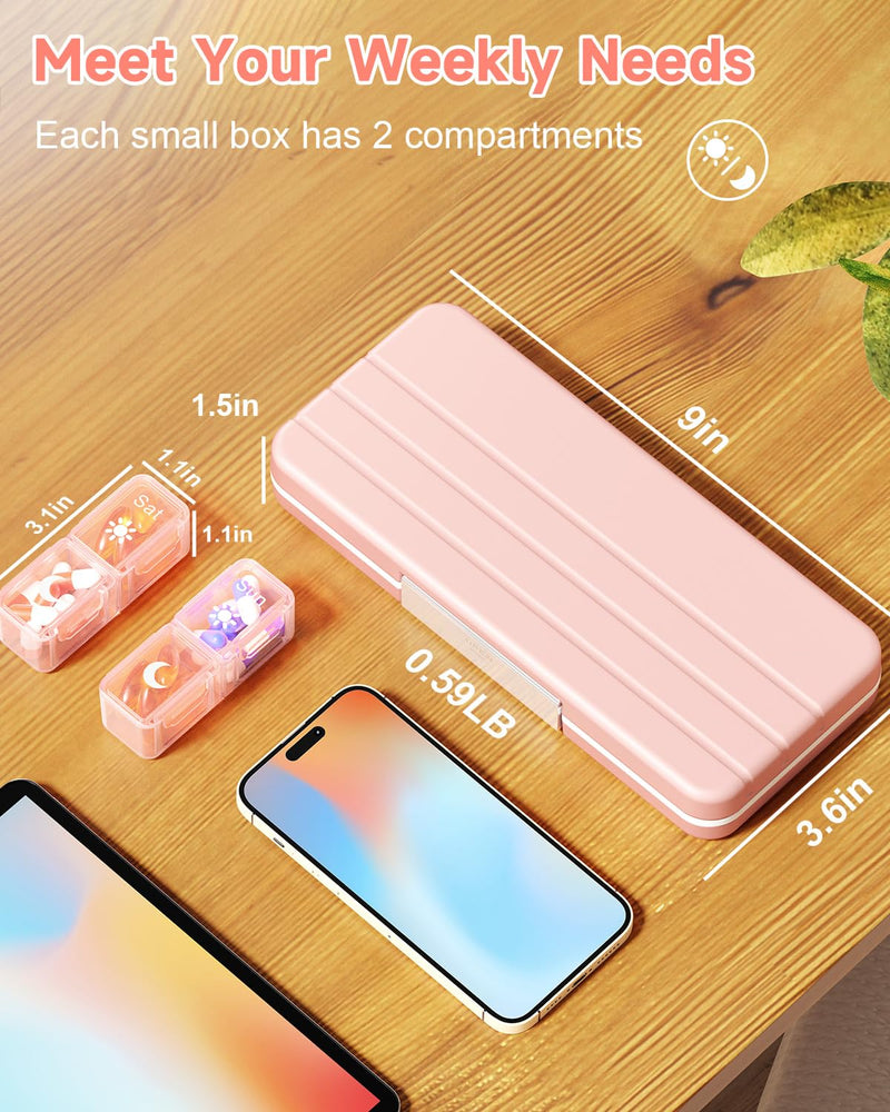 Betife AM PM Pill Organizer 2 Times a Day, 7 Day Pill Box - Pink | Removable AM/PM Daily Cases; Roomy for Fish Oil and Vitamins; Sturdy ABS Shell with Moisture-Resistant Silicone Protection.