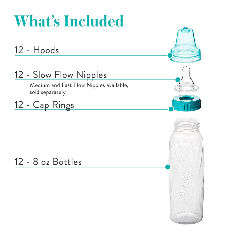 [Australia] - Evenflo Feeding Classic Clear Plastic Standard Neck Bottles for Baby, Infant and Newborn - Teal/Green/Blue, 8 Ounce (Pack of 12) 