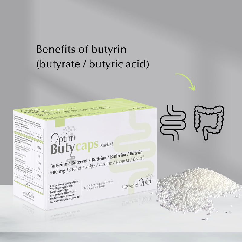 OPTIM Butycaps Butyrate Supplement UK for Gut Health | 30 sachets with microencapsulated Tributyrin 900mg | butyric Acid Postbiotic | Leaky Gut Repair, Debloat, Colon