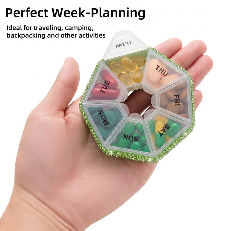Round Pill Organizer Small Weekly Pill Case for Purse Bling Cute Medicine Pill Box Compact Vitamin Container 7 Day Daily Pill Holder Planner(Green) Z-【limited Edition】green