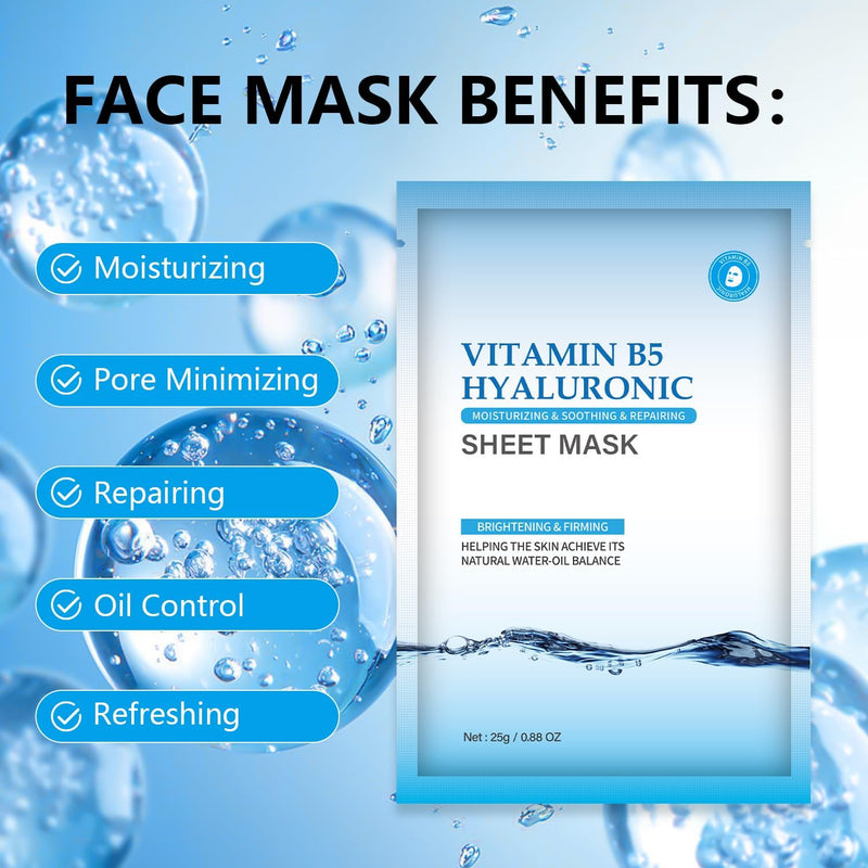 IREV Hyaluronic Acid Face Masks Skincare with Vitamin B5, Hydrating Moisturizing Facial Masks Skin Care, Face Sheet Mask Daily Care Beauty Care for for All Skin