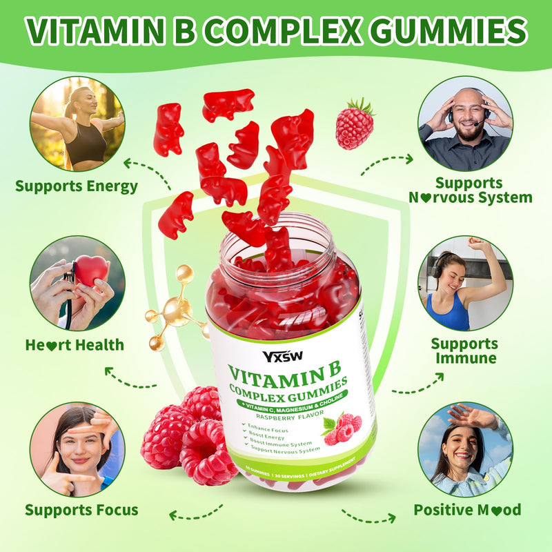 Vitamin B Complex Gummies for Women & Men - Vitamin B12, B1, B2, B3, B5 & B6 -B Complex Vitamin Supplements with Vitamin C,Magnesium & Choline, Raspberry Flavor, 60 Count 60 Count (Pack of 1)