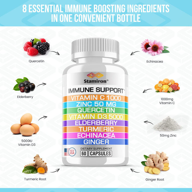 [Australia] - 8 in 1 Immune Support with Quercetin Zinc 50mg Vitamin C 1000mg Vitamin D3 5000 IU and Elderberry Echinacea Ginger for Adults Kids - Vit D Immunity Defense Booster Supplement Veg Capsules Made in USA 