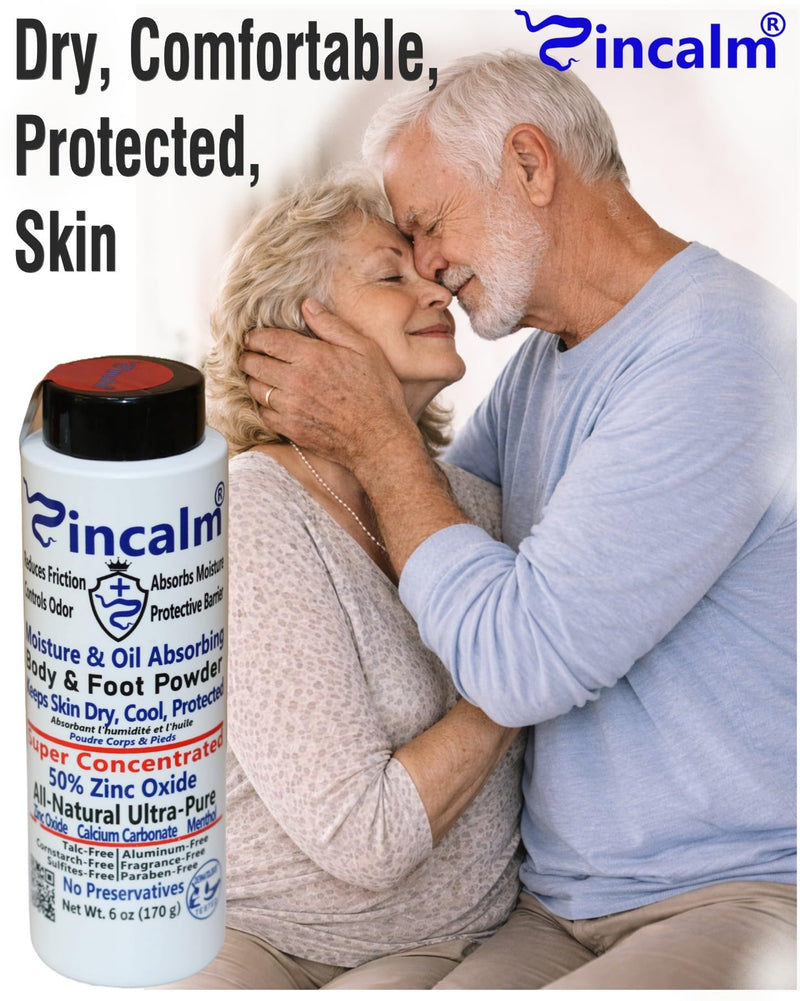 Zincalm All-Natural Body & Foot Powder, Concentrated 50% Zinc, Cornstarch-Free Moisture/Odor Absorbing Anti-Chafing/Friction, Itch Relief Formula for Dry/Cool Skin with Ultra-Pure Calcium & Menthol