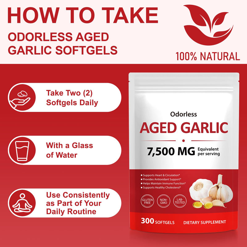 Aged Garlic Extract Capsules 7,500mg Equivalent 300 Softgels, Odourless Aged Garlic 15:1 Concentrate, Garlic Capsules for Daily Support, Non-GMO