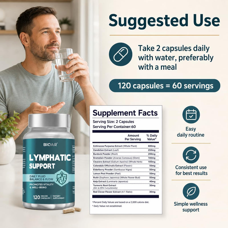 Lymphatic Drainage Supplements, Lymph System Support for Women & Men, Promotes Normal Fluid Balance, Internal Cleanse and Immune Defences, 120 Vegan Capsules 120 count (Pack of 1)