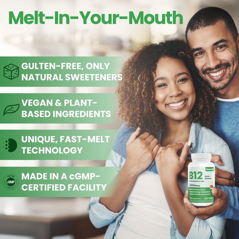 Vitamin B12 Methylcobalamin Sublingual 2500 mcg(4-Month Supply) | With Folic Acid Under Tongue Cherry Flavor for Cellular Energy Support, Energy Metabolism, Nervous System Health