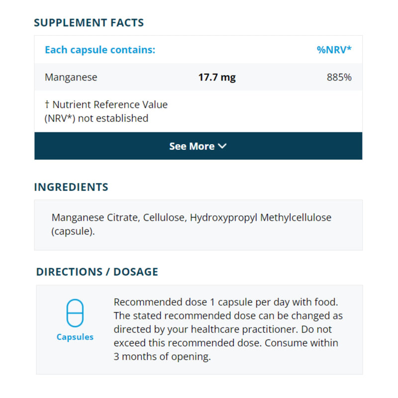 Manganese Citrate 17.7mg – 90 Vegan Capsules | Supports Energy, Bone Health & Antioxidant Protection | High Absorption Trace Mineral Supplement | UK Made | Metabolics