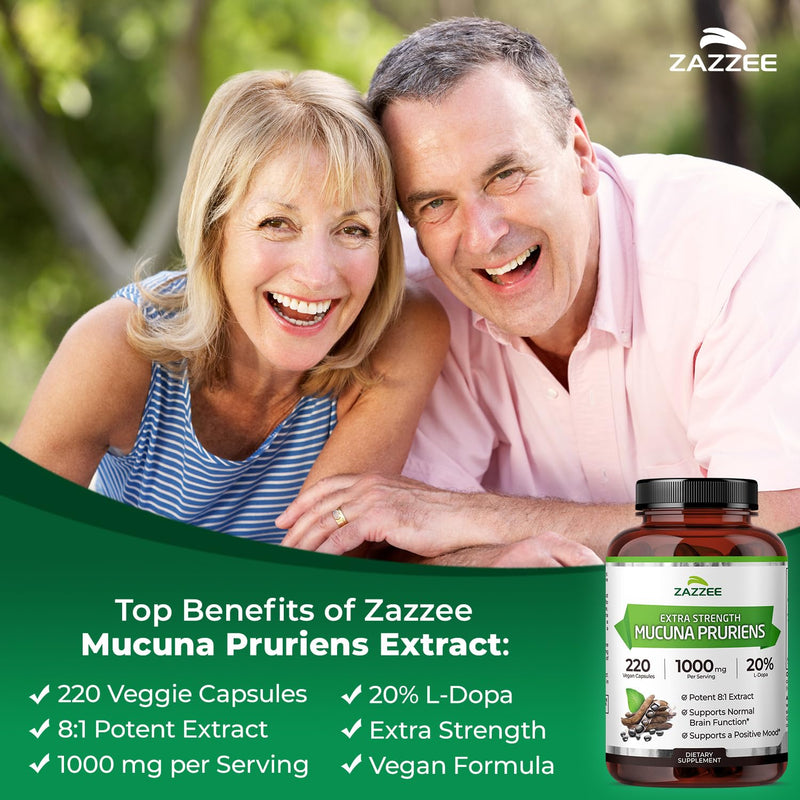 [Australia] - Zazzee Extra Strength Mucuna Pruriens 8:1 Extract, Minimum 20% L-Dopa, 1000 mg, 220 Vegan Capsules, 110 Day Supply, Concentrated and Standardized 8X Extract, 100% Vegetarian, All-Natural and Non-GMO 