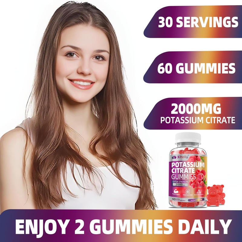 Potassium Citrate Gummies 2000mg, High Potency Electrolyte Gummies, 60 Chew | Potassium Supplement with Magnesium glycinate, Zinc, Vitamin C D3 K2, for Electrolyte Balance, Leg Cramps, Muscle Support 60 Count (Pack of 1)