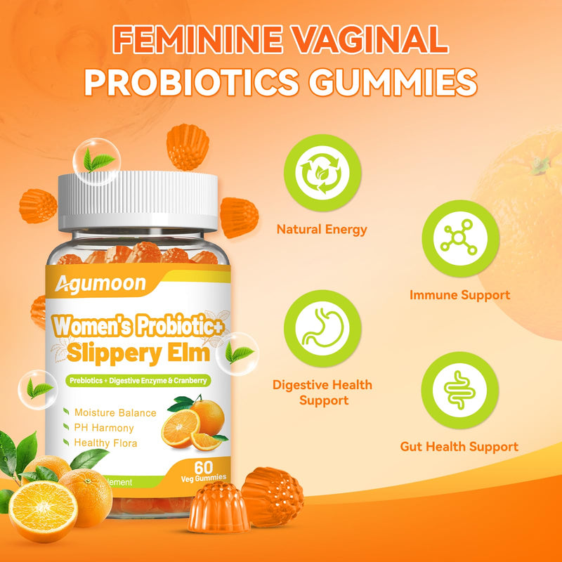2 Pack Probiotic Gummies with Cranberry,Slippery Elm for Women | Feminine Balance Gummies with Slippery Elm,Women's PH Balance,Freshness and Digestive Health,Orange Flavor