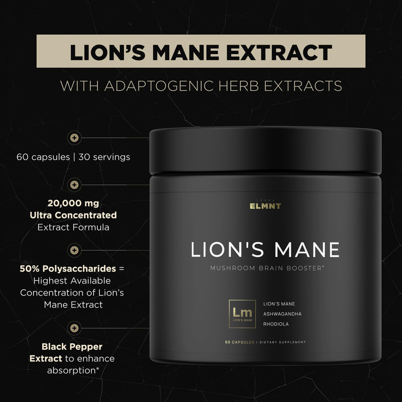[Australia] - 20,000mg 16x Strength Lions Mane Supplement Capsules Super Nootropic w. Ashwagandha & Rhodiola - Highest Potency Lion's Mane Mushroom Extract 50% Polysaccharides Brain Supplements for Memory and Focus 