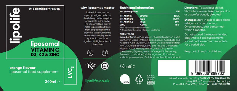 Liposomal Vitamin C, D3, K2 Plus Zinc. Liquid Immune Support with high Absorption. Orange Flavour, Vegan. Made in the UK. lipolife liposomal Supplements, #1 scientifically Proven.
