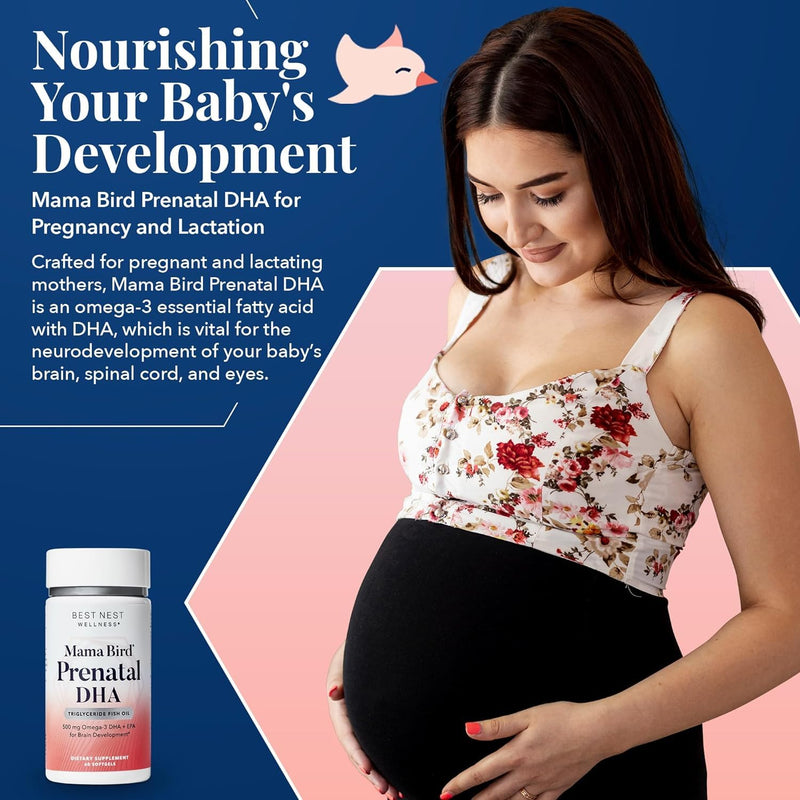 [Australia] - Best Nest Wellness Mama Bird Prenatal DHA Vitamin, Prenatal Omega 3 DHA Supplements, Supports Baby's Brain & Eye Development, 500 mg Triglyceride Fish Oil, Easy to Swallow Lemon Flavor Softgels, 60 Ct Fish Oil DHA 