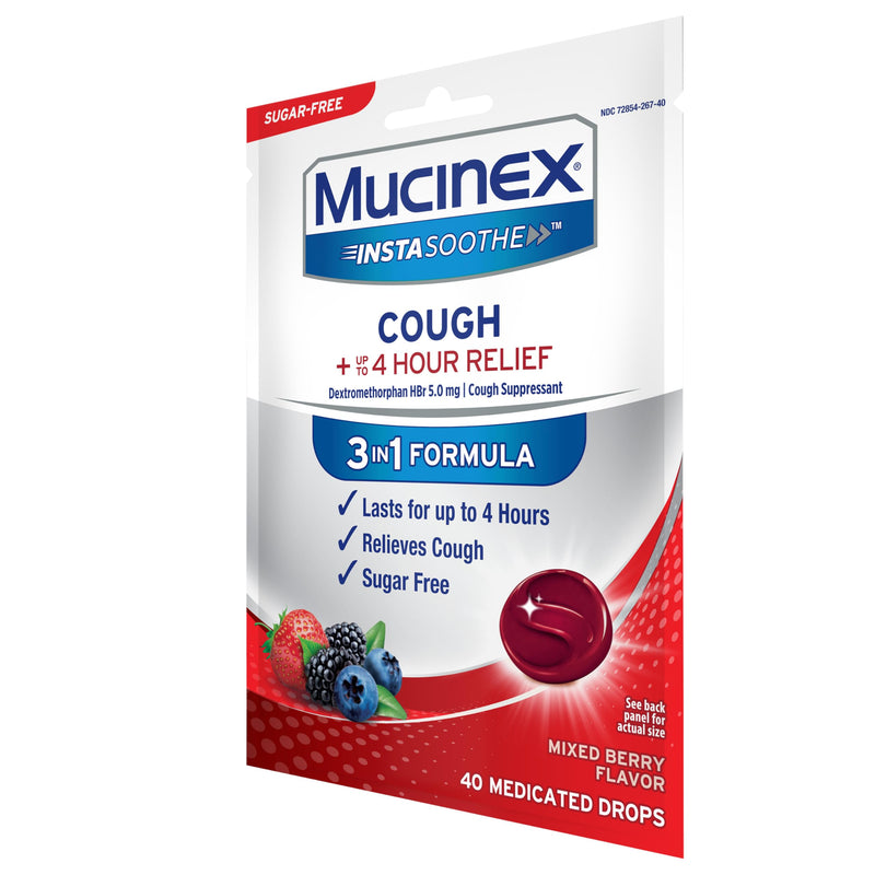 [Australia] - Mucinex Instasoothe Sugar Free Cough Drops, Cough Medicine for Adults with Dextromethorphan HBr, Non Menthol Cough Drops, Cough Suppressant Lozenges, Mixed Berry Medicated Cough Drops, 40ct 