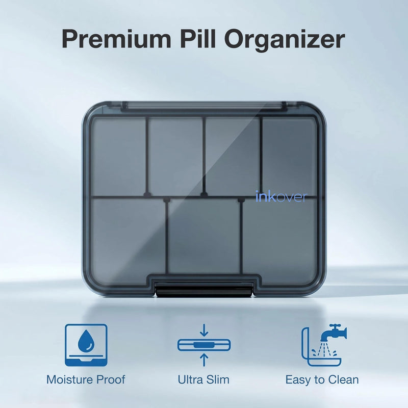 Small Pill Organizer Ultra Thin, QUARDINE Removable Divider Purse Pill Case with Moistureproof Silicone Seal, 7 Compartments Portable Travel Pill Box for Vitamins, Supplements, Fish Oil (Blue) Blue